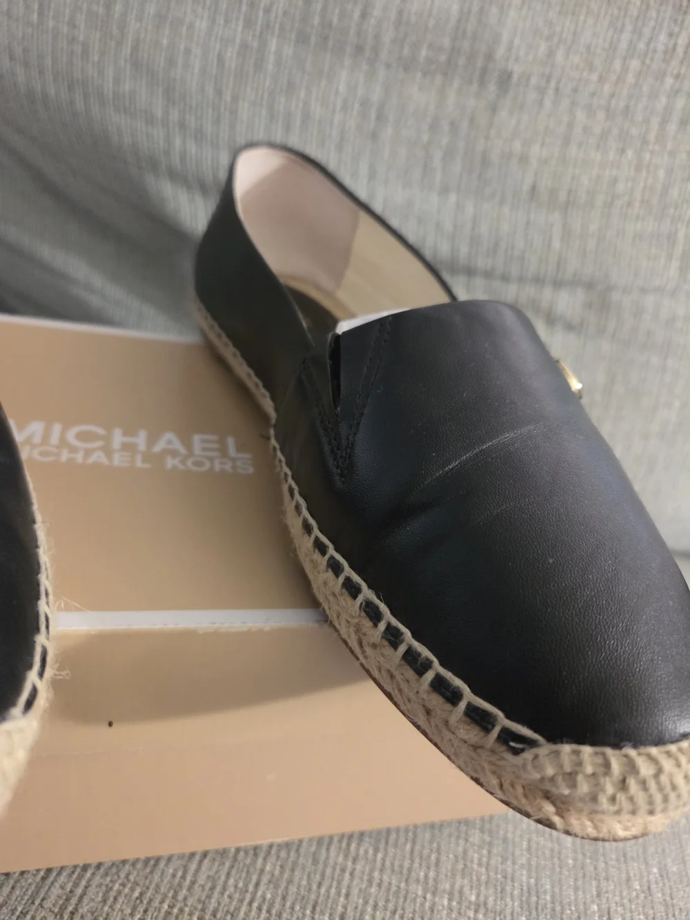 Michael Kors Black Espadrille Slip-On with Tan Jute Sole and Gold MK Charm